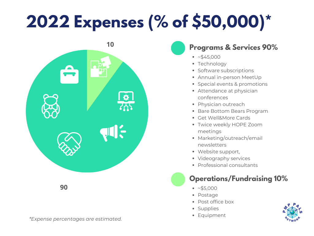 PMP Pals 2022 Expense pie chart: 905 spent on Programs & Services, 10% on Administration and Fundraising