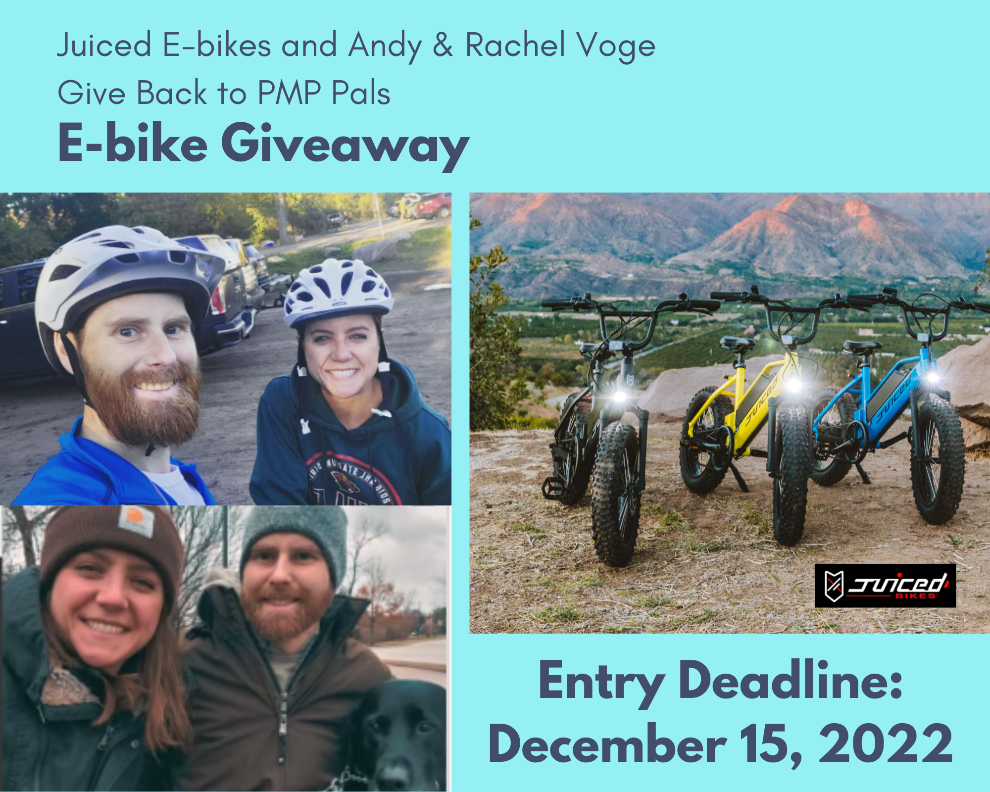 Juiced Bikes and Andy & Rachel Voge Give Back Giveaway - photos of E-bikes with mountain behind and two phtoos of Andy & Rachel outdoors